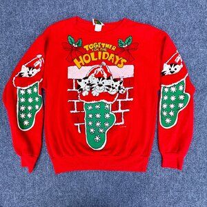 VTG 88 Xmas Sweatshirt Small Cats in Stockings Together For the Holidays 3D Puff